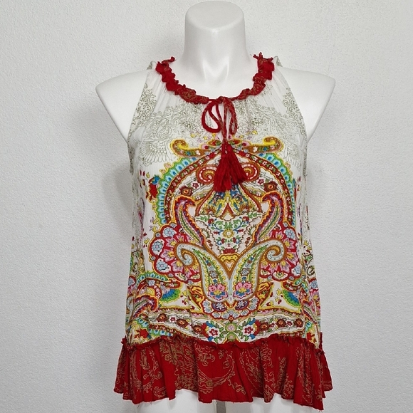 Bila Paisley Tassel Tie Ruffle Boho Colorful Hippie Indie Sleaze Blouse Size S - Picture 1 of 12